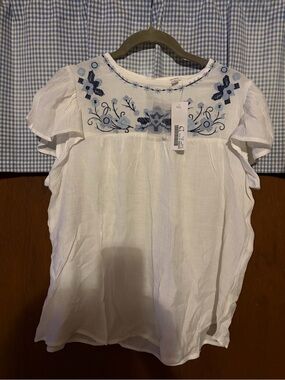 mine White Blouse with Blue Embroidery
